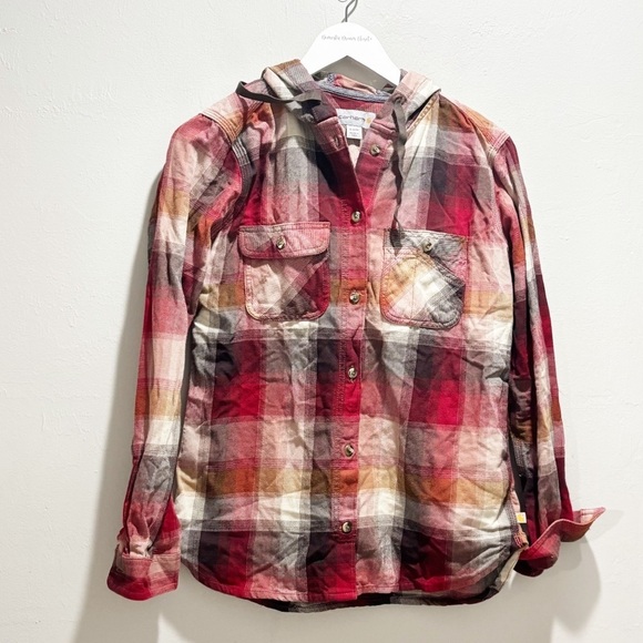 CARHARTT Women’s Red Multi Plaid Button Up Flannel Hoodie Pockets Size Small - Picture 1 of 10